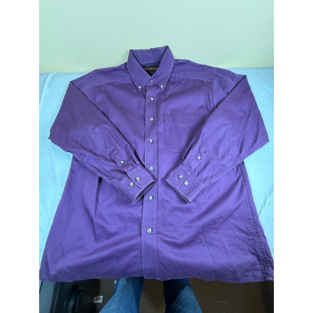 Ariat Mens Long Sleeve Button Down Western Shirt Purple Cotton Twill Medium - Picture 2 of 11